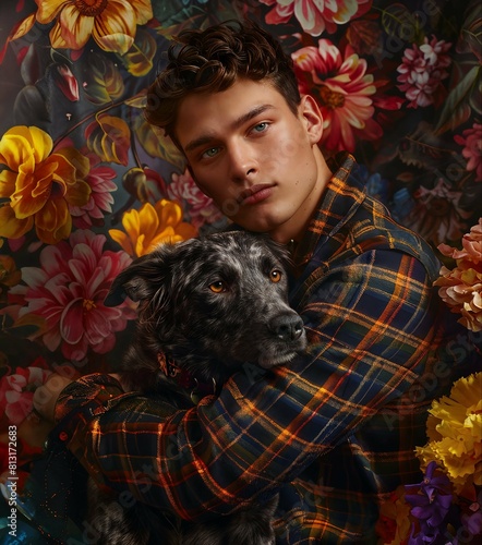 Happy man with herding dog of mixed breed with flowers on background. A man hugs an adorable puppy in a heartwarming moment. Positive male owner in casual clothes holding in arms adorable dog.
