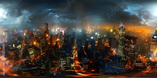 HDRI equirectangular projection of Cyberpunk Night City for 3D scene rendering. Concept HDRI  Equirectangular projection  Cyberpunk  Night City  3D rendering