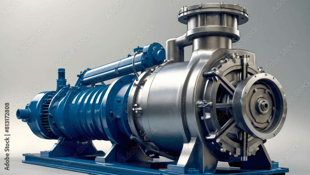 Blue industrial water pump with asynchronous electric motor on a dark background Blue industrial water pump with asynchronous electric motor on a dark background