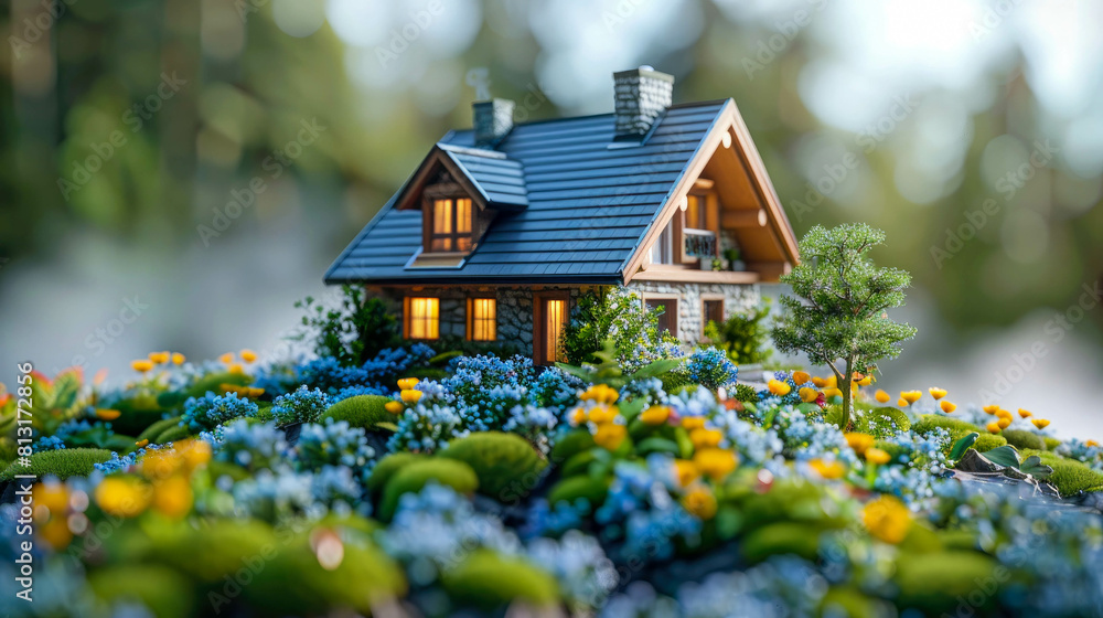 Miniature model of house with blue flowers in the garden on blurred ...
