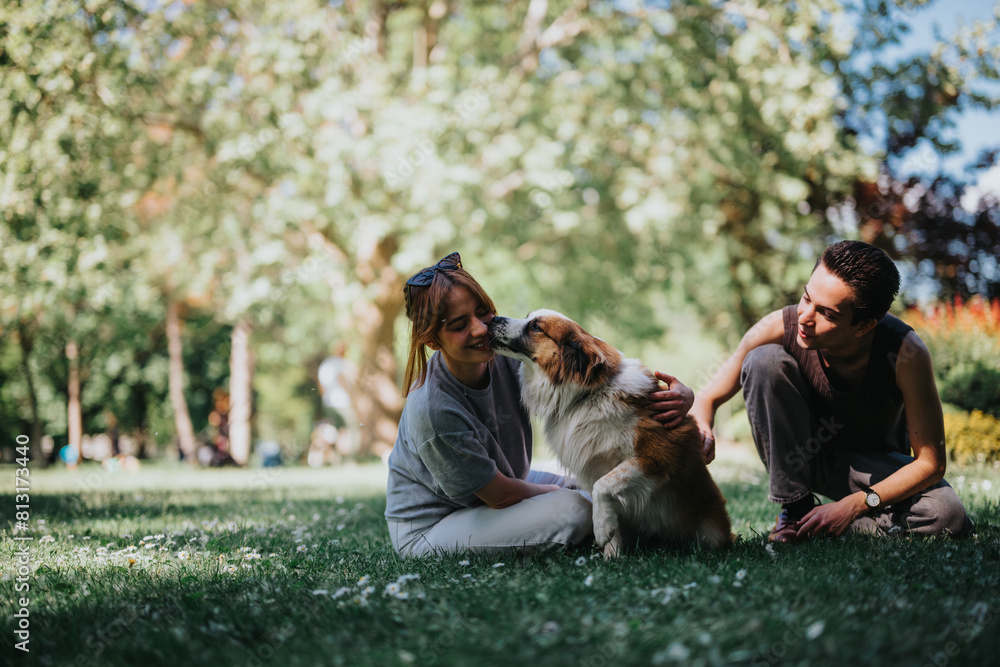 Fototapeta premium Two friends sitting on the grass in a sunny park, smiling and playing with their loyal dog, enjoying a peaceful day and each other's company.
