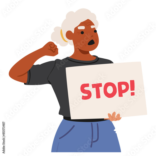 Angry Senior Female Protester Character Holding A Stop Sign, Shouts And Raises her Fist, Old Female Character Protest