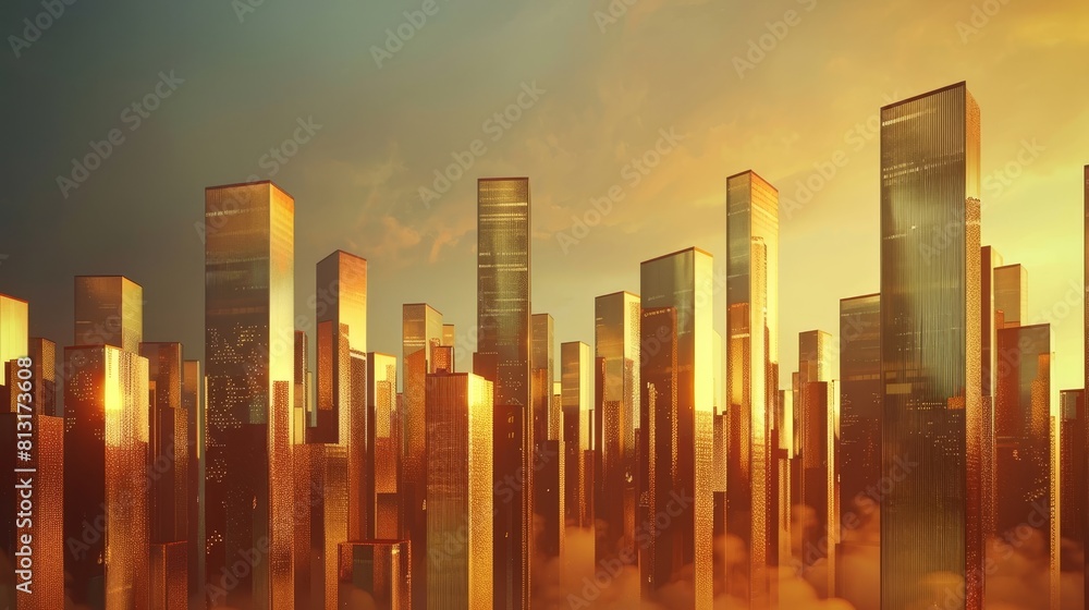 Golden Cityscape Stunning skyline made of gleaming gold bars against a vibrant gradient sky Wealth success and luxury concept
