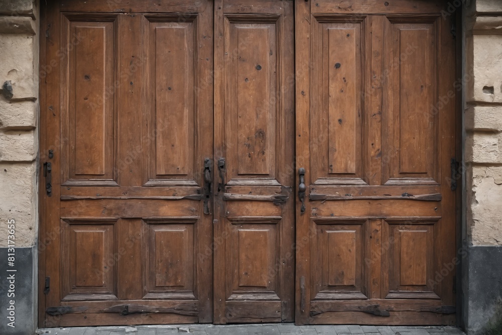 Aged Beauty of Twin Wooden Doors with Metalwork Detailing Aged Beauty of Twin Wooden Doors with Metalwork Detailing
