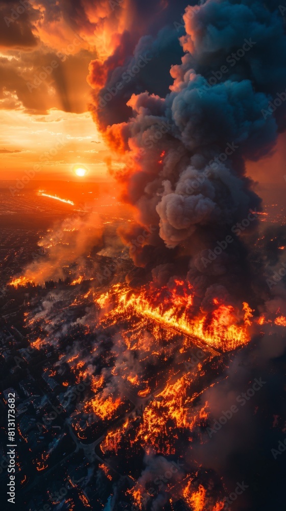 Fototapeta premium A fiery orange cloud is rising from a fire in a city. The sun is setting in the background, casting a warm glow over the scene. The fire is spreading rapidly, engulfing buildings