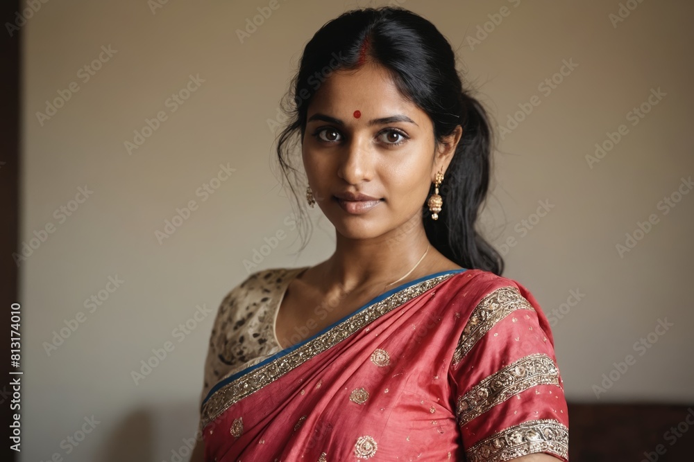 Traditional Elegance: Indian Woman in a Red Sari with Embellished Border Traditional Elegance: Indian Woman in a Red Sari with Embellished Border