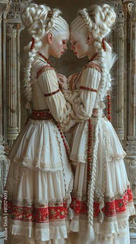 two women in white dresses are standing next to each other and looking at each other