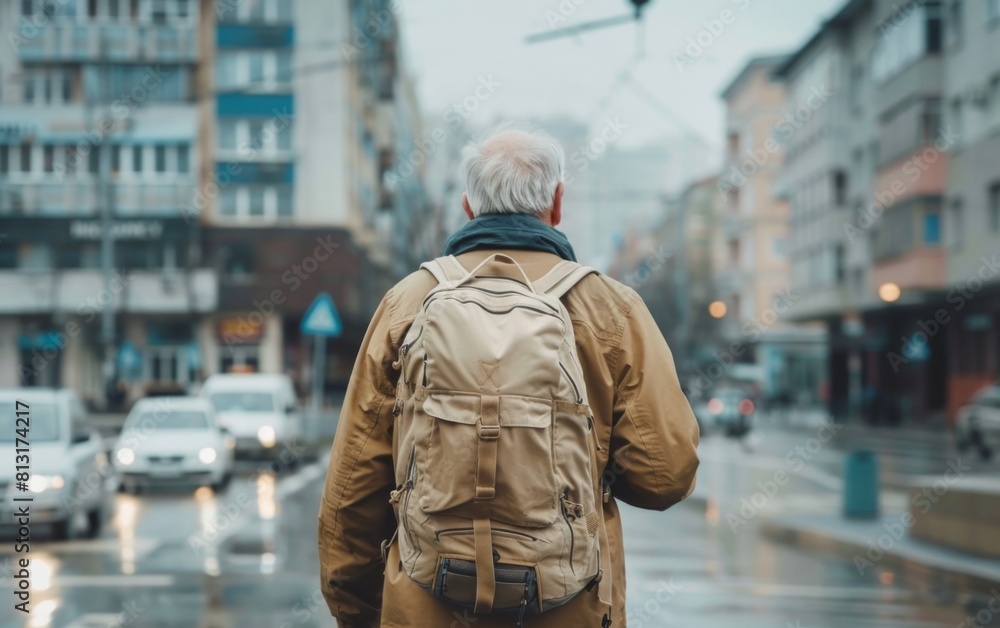 A man wearing a backpack is walking down a city street. The street is wet and there are cars and trucks in the background A man wearing a backpack is walking down a city street. The street is wet and there are cars and trucks in the background
