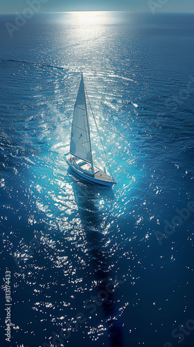 A lone sailboat sailing on a shimmering sea. Aerial view of sailboat