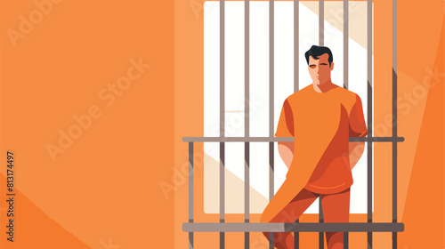 Sad criminal in prison cell looking through metal b