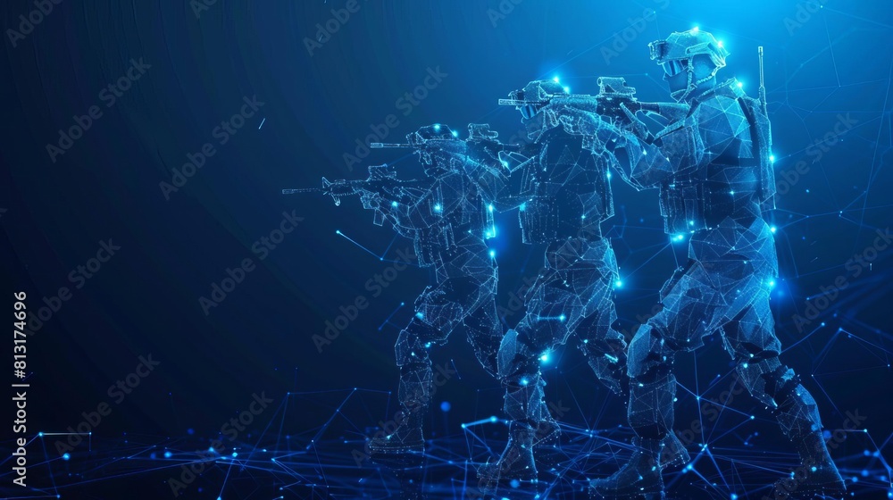 Obraz premium Military training via AR visualized in low poly, focusing on tactical and strategic enhancements on a technologically advanced blue background