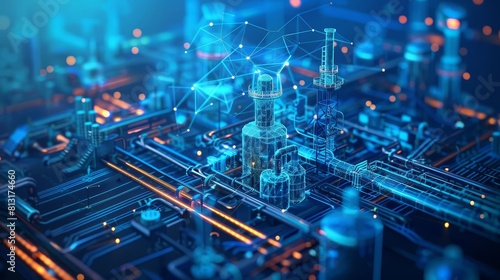 Industrial IoT setup featuring predictive maintenance in a low poly design, showcased on a blue technological background for factory efficiency