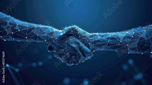 Low poly depiction of commercial agreements enabled by blockchain, set against a blue background emphasizing security and automation