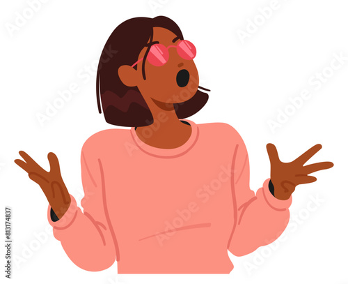Woman With A Distressed Expression On Face Gesturing With Outstretched Hands. Female Character Wearing A Pink Shirt