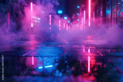 Empty background scene. Dark street reflection on the wet pavement. Rays neon light in the dark, neon figures, smoke. Night view of the street, the city. Abstract dark background - generative ai