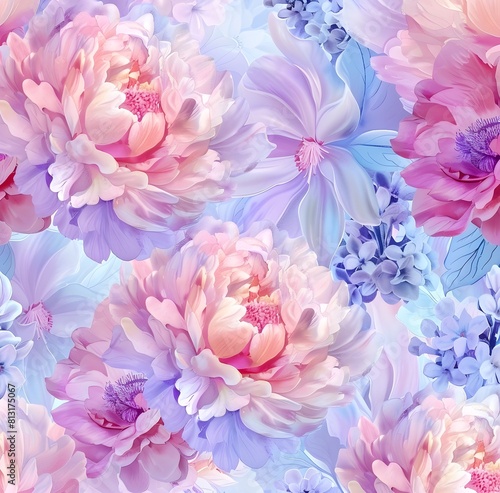 watercolor illustration features beautiful and elegant pink, blue and lilac peonies, roses and lilies in a soft pastel pattern. illustration, soft colors. pastel color  © Emmyn2222