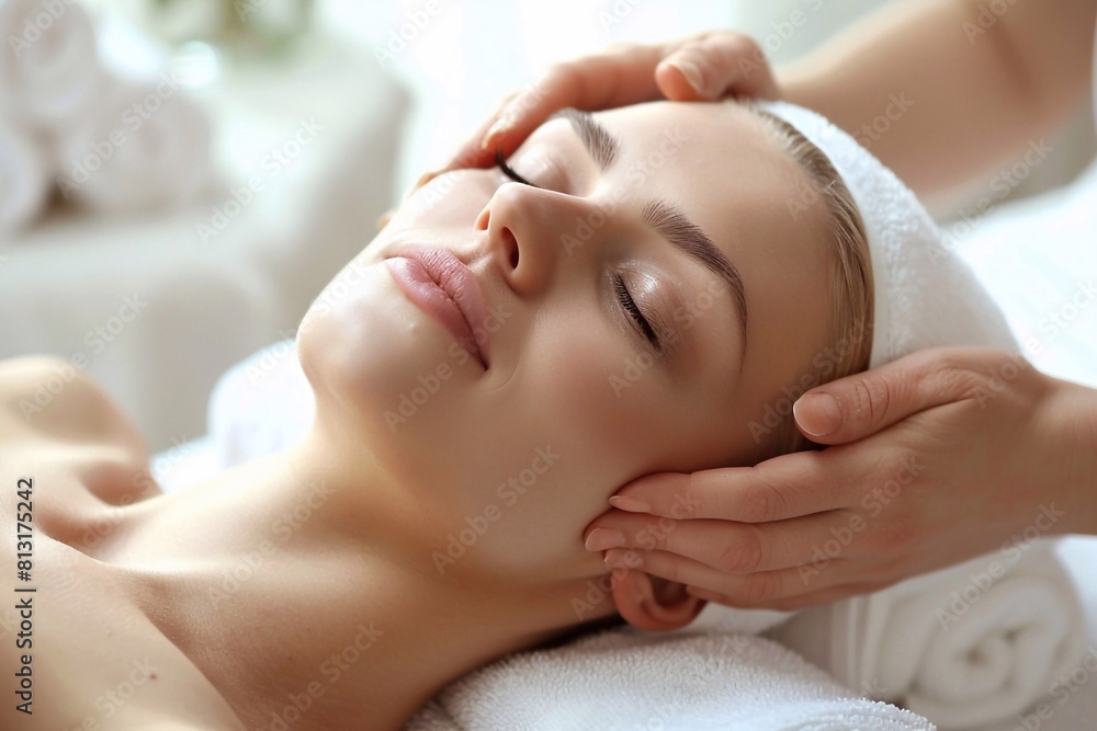 A radiant and relaxed blonde woman enjoying a rejuvenating massage treatment at a luxurious spa salon A radiant and relaxed blonde woman enjoying a rejuvenating massage treatment at a luxurious spa salon
