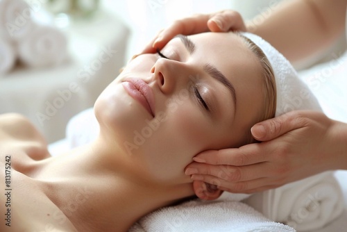 A radiant and relaxed blonde woman enjoying a rejuvenating massage treatment at a luxurious spa salon