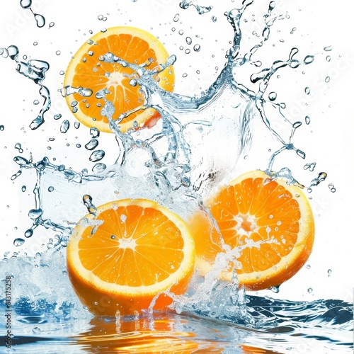 Fresh orange slices splashing in water