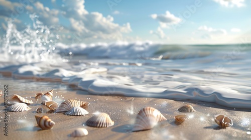 Serenity by the Shore Tranquil Beach Scene with Waves and Seashells