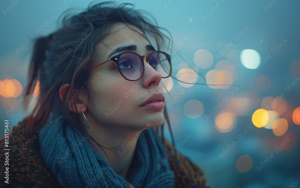 A woman with glasses and a scarf is looking out at the city lights. The image has a moody and contemplative feel, as the woman is lost in thought while gazing at the cityscape A woman with glasses and a scarf is looking out at the city lights. The image has a moody and contemplative feel, as the woman is lost in thought while gazing at the cityscape