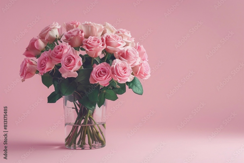 A stunning arrangement of pink roses fills a vase on a pastel pink background table, evoking sentiments of joy and celebration for occasions like birthdays, weddings, Mother's Day, Valentine's Day, an A stunning arrangement of pink roses fills a vase on a pastel pink background table, evoking sentiments of joy and celebration for occasions like birthdays, weddings, Mother's Day, Valentine's Day, an