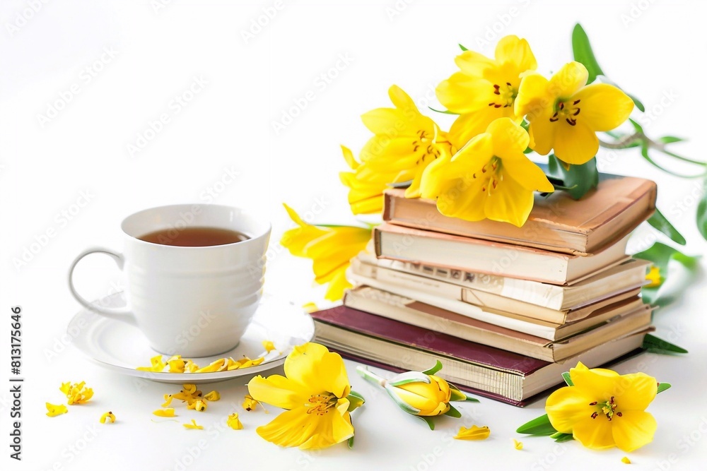 Books, a cup of coffee or tea, and spring bright flowers against a serene white background, creating a tranquil and inviting scene perfect for a spring-themed greeting card design Books, a cup of coffee or tea, and spring bright flowers against a serene white background, creating a tranquil and inviting scene perfect for a spring-themed greeting card design