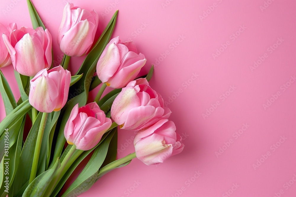 A delightful arrangement: a bouquet of pink tulips elegantly positioned on the left side against a soft pink background, leaving ample space on the right for personalized text or messages A delightful arrangement: a bouquet of pink tulips elegantly positioned on the left side against a soft pink background, leaving ample space on the right for personalized text or messages