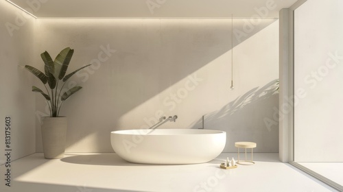 A minimalist bathroom with clean lines  a freestanding bathtub  and minimalist fixtures  offering a spa-like retreat at home.