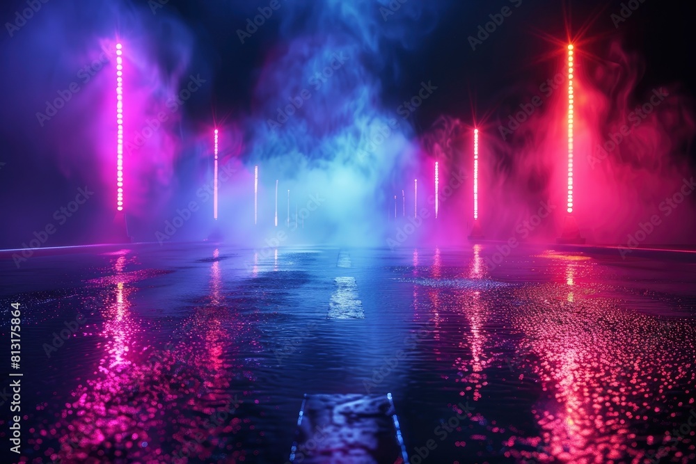 Empty background scene. Dark street reflection on the wet pavement. Rays neon light in the dark, neon figures, smoke. Night view of the street, the city. Abstract dark background - generative ai