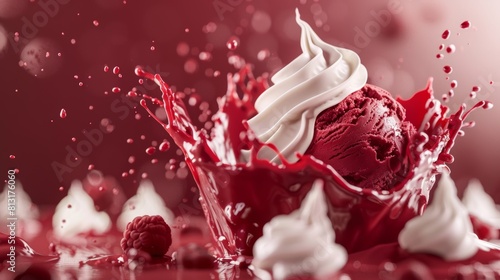 Indulgent Red Velvet Ice Cream Delight Decadent Dessert Splash with Cake Pieces and Creamy Frosting