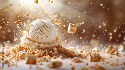 Delicious Moment Vanilla Ice Cream Plopping onto Crispy Biscuit with Scattered Crumbs photo