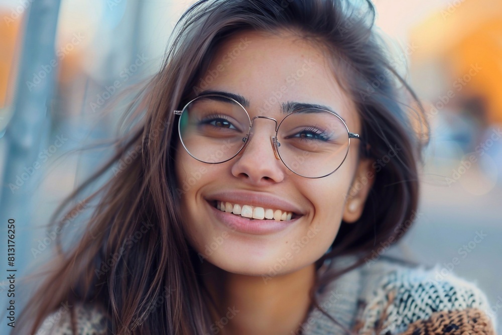 A joyful moment captured: close-up of a smiling woman with eyeglasses, enjoying a peaceful time sitting outside in the natural light. A joyful moment captured: close-up of a smiling woman with eyeglasses, enjoying a peaceful time sitting outside in the natural light.