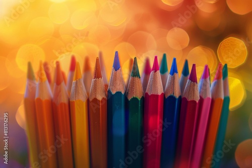 Creative arrangement: colorful colored pencils arranged against a blurred bokeh background, highlighting artistic tools and vibrant hues.