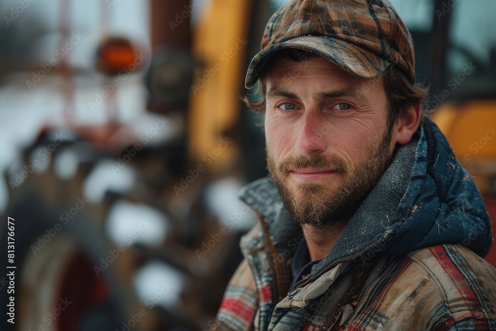 Close-up portrait of a rugged man with a beard wearing a hat in front of a tractor during winter, looking thoughtful