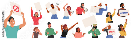 Diverse Group Of Aggressive Characters Energetically Participating In A Protest, Holding Signs And Megaphones