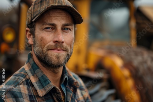 Serious construction worker in plaid shirt with heavy machinery in the background, representing hard work and industry