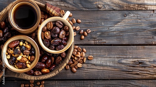 Saudi coffee wood background, arabic coffee and dates. Generative Ai