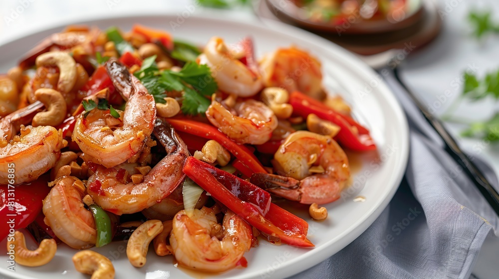Stir fried crispy shrimp with cashew nuts and sweet pepper in white plate. Generative Ai Stir fried crispy shrimp with cashew nuts and sweet pepper in white plate. Generative Ai