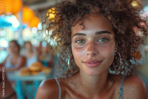 Beautiful young woman with curly hair and green eyes smiling gently in a brightly lit restaurant