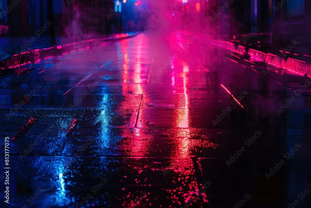 Empty background scene. Dark street reflection on the wet pavement. Rays neon light in the dark, neon figures, smoke. Night view of the street, the city. Abstract dark background - generative ai Empty background scene. Dark street reflection on the wet pavement. Rays neon light in the dark, neon figures, smoke. Night view of the street, the city. Abstract dark background - generative ai