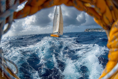 Vivid depiction of a sailboat in rough seas framed by a lifebuoy