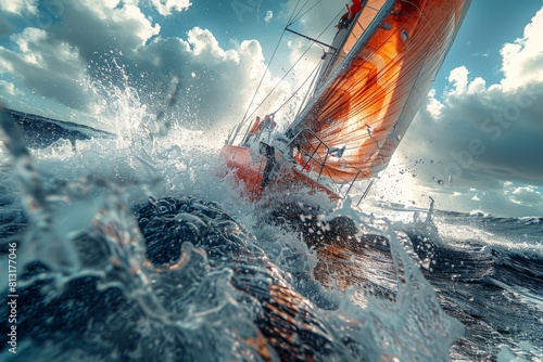 Intense close-up of a yacht battling high waves with water splashing photo