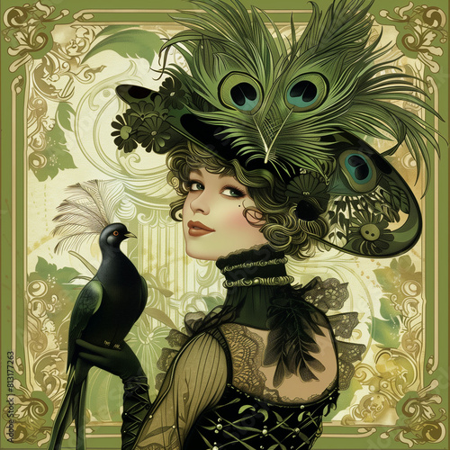 Vintage illustrated portrait of a woman from belle epoque era.