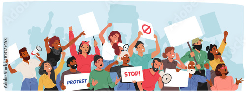 Diverse Characters Group Engaging In A Demonstration. Men And Women Energetically Protest, Holding Signs With Slogans