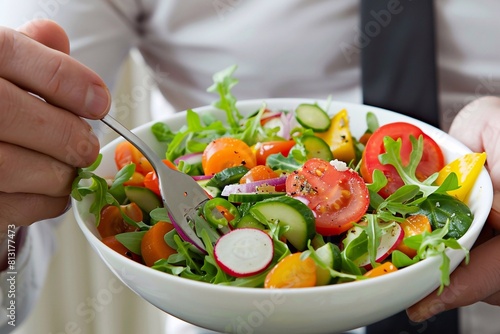 A man enjoys a vegetarian salad: healthy eating and enjoying the taste of fresh vegetables