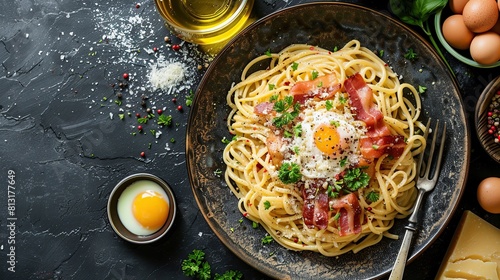 Top View of Classic Italian Carbonara Pasta with Bacon  Cheese  and Egg Yolks. Generative Ai
