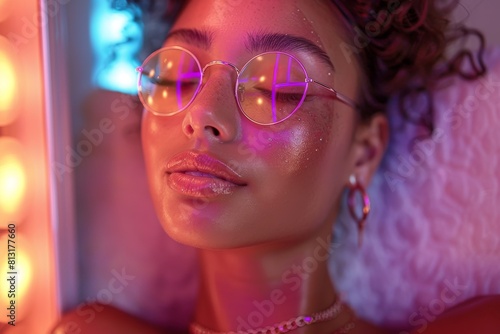 Woman's face close-up with reflective sunglasses capturing the neon glow, accentuating modern style and youth