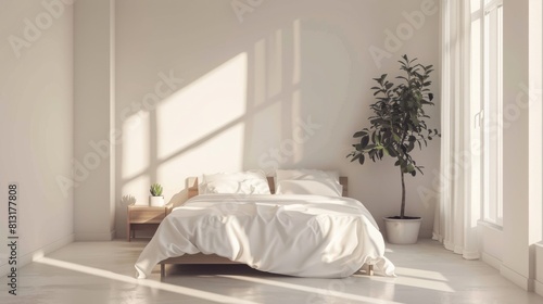 A minimalist bedroom with a platform bed  crisp white linens  and minimalistic decor  creating a serene and inviting atmosphere.