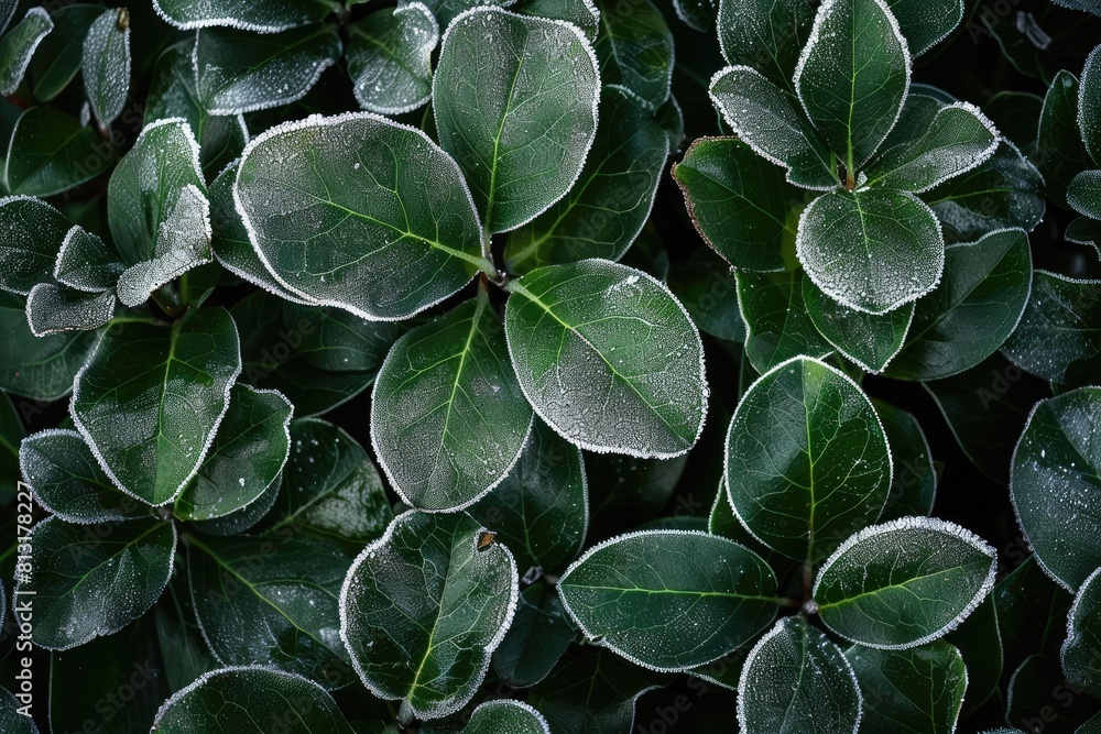 Fototapeta premium A close up of a leafy plant with frost on it. The image has a serene and peaceful mood, as the frost on the leaves gives the impression of a calm and quiet moment in nature